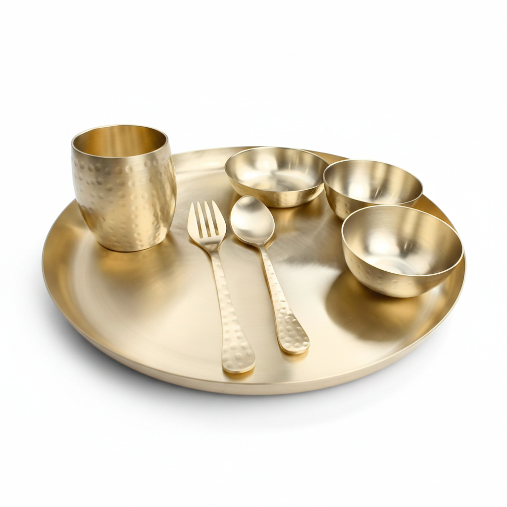 Bronze (Kansa) Apple Hammered Dinner Set | 7-Piece Traditional Thali Set