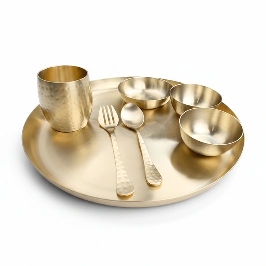Bronze (Kansa) Apple Hammered Dinner Set | 7-Piece Traditional Thali Set