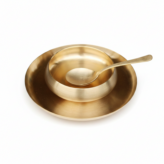 Bronze (Kansa) Soup Bowl, Soup Spoon & Platter Set – 3 Pcs
