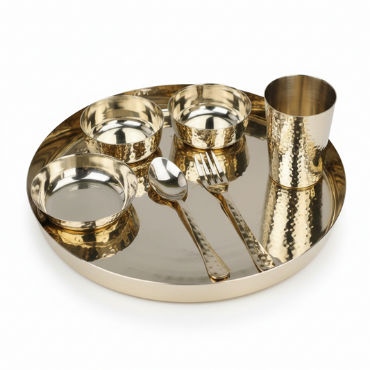Bronze (Kansa) Hammered Dinner Thali Set – 7 Piece