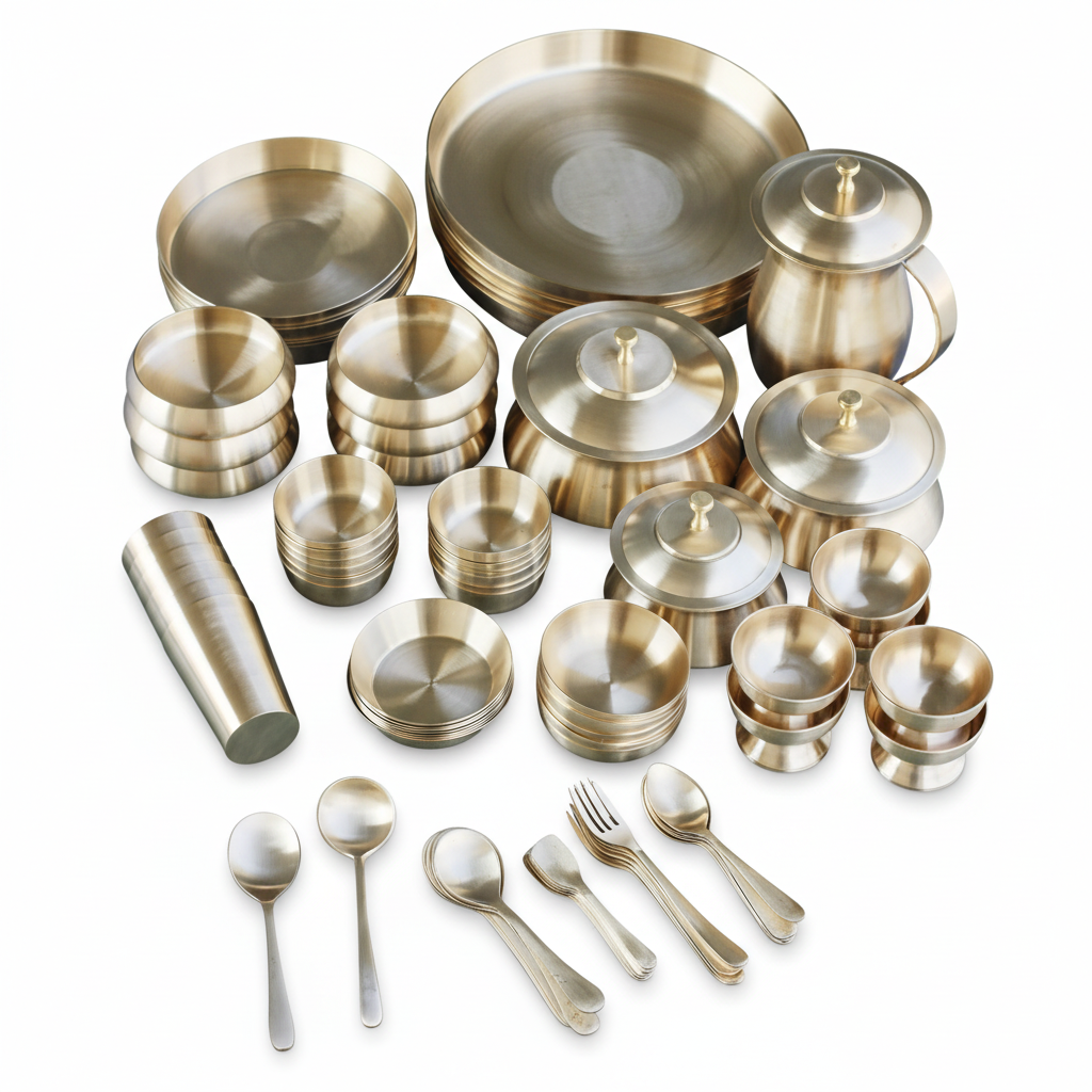 Kansa Bronze 84-Piece Dinner Set - Pure White Background Ultra HD
